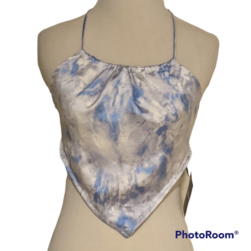 Handkerchief Tie Crop Top Halter Blue Cream Large Retro 90s Style NWT